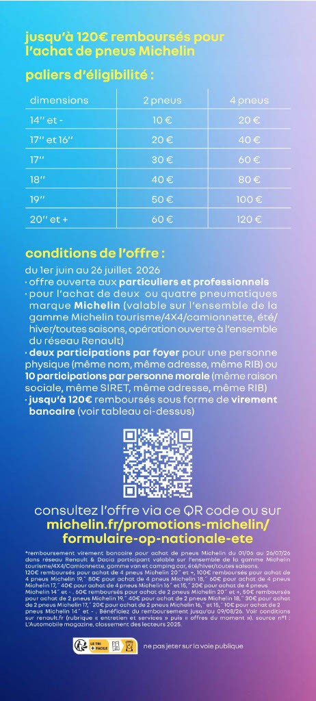 Conditions de l'offre Renaukt x Michelin : promotion sur l'achat de pneus 